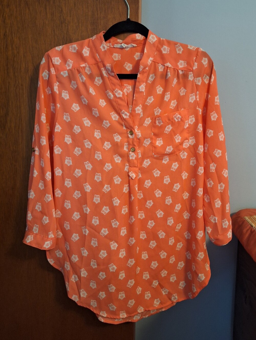 Wishful Park Women's Coral Owl Print Blouse - Lightweight Long Sleeve Top Size M